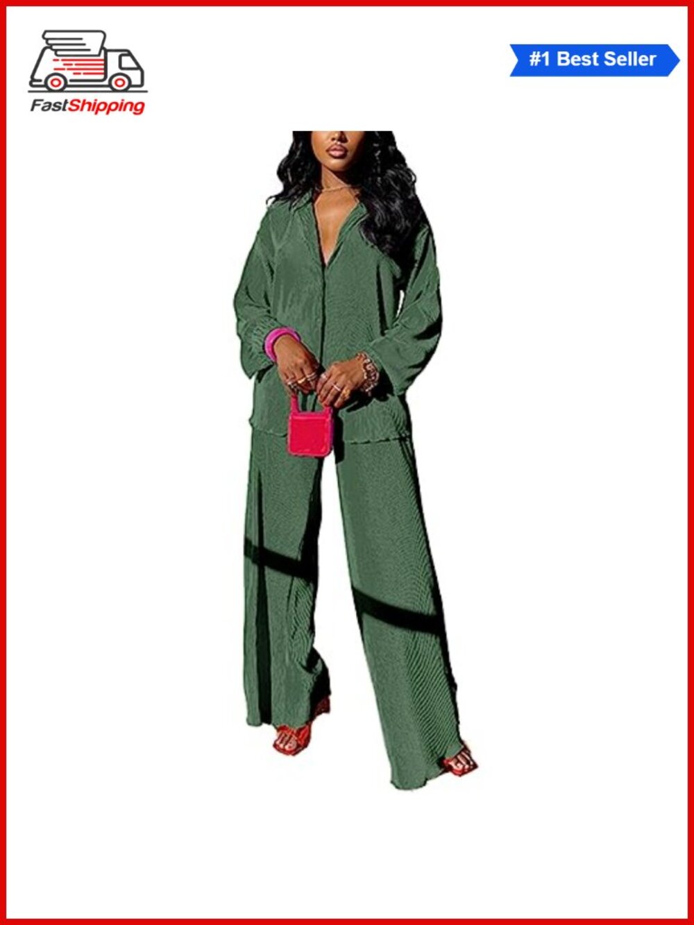 ✨ kaimimei Women's 2 Piece Plisse Shirt & Wide Leg Pants Set - Casual Loose Fit